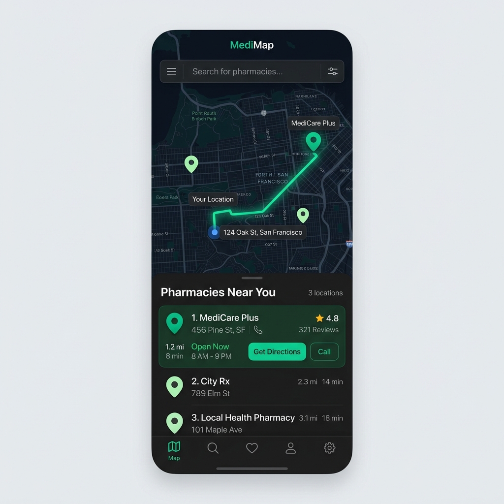PharmaFinder mobile app screens UI layout
